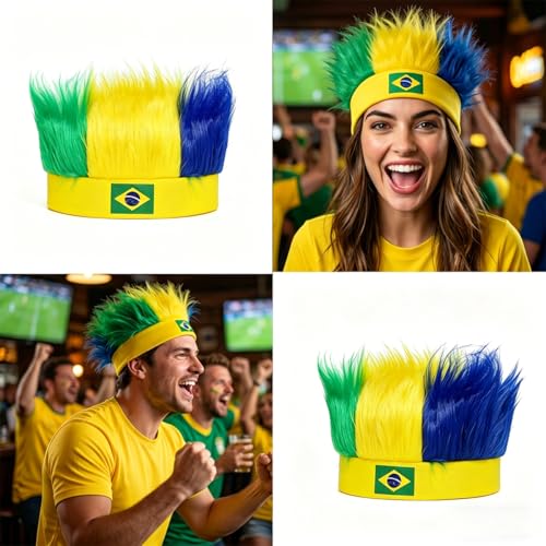 Image of Rose bud Brazil World Cup Soccer Wig Hair Headband Yellow Green Blue Headband Wig for Women Men Sports Football Halloween Costume Cosplay and Party