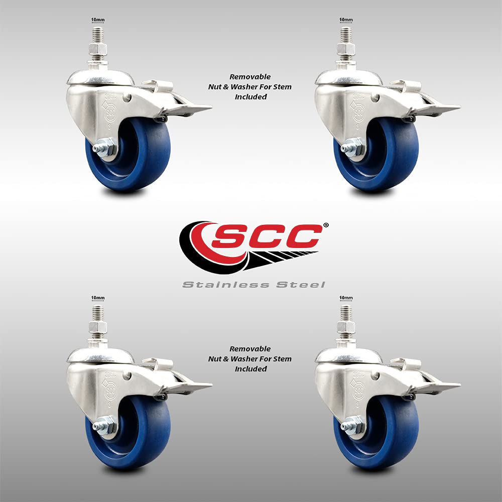Solid Polyurethane Swivel Stem Caster Set of 4 with 3 Inch Caster Wheels - 10mm Metric Threaded Stems -316 Stainless Steel Casters-Includes 4 Swivel Casters with Total Lock Brakes-Service Caster Brand