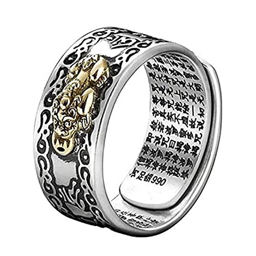Chapado en plata Feng Shui Pixiu Mani Mantra Protección de riqueza Amuleto Abierto Ajustable Lucky Buddhist Multicolor Anillo para hombres y mujeres, Metal Cover