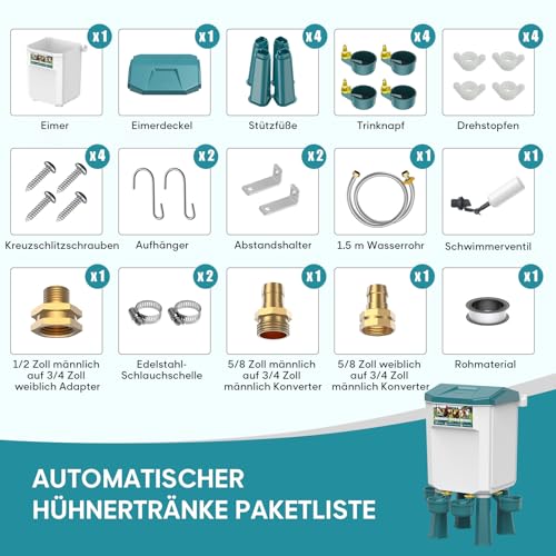 CHAMUTY Futterautomat Hühner, 7 Liter Hühnertränke Tränke Hühner, Automatische Geflügeltränke für Geflügel Mit 1,5m Wasserleitung, Schwimmerventil, Hühnerzubehör, Bruchfester langlebiger Kunststoff