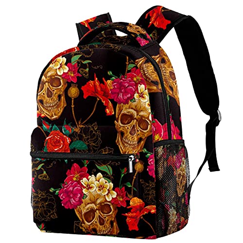 Sac à dos crâne floral léger pour livres d'école fille et garçon