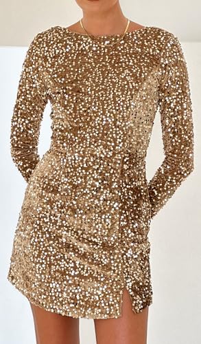 Image of R.Vivimos Women's Sequin Bodycon Dress Fall Winter Velvet Warm Long Sleeve Crew Neck Sexy Backless Glitter Slit Mini Dress