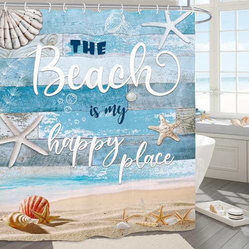 Yookeb Coastal Beach Farmhouse Bathroom Shower Curtain 60W by 71H Inch Starfish Ocean Sea Inspirational Rustic Country Motivational Positive Blue Wood Polyester 12 Plastic Hooks Waterproof Decor - Image 2