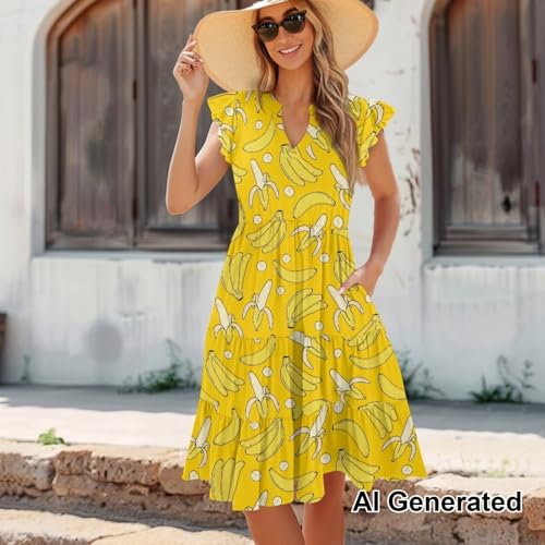 Image of Womens Summer Dress Ruffle Sleeve V Neck Dress Casual Fit Flowy Beach Vacation Sundress with Pocket S-2XL
