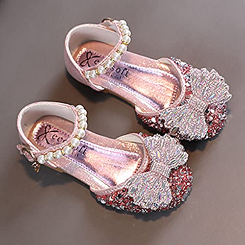 Princess Shoes for Kids Fashion Summer Girls Sandals Dress Performance Dance Shoes Shiny Rhinestone Sequin Bow Pearl (Pink-a, 29)4