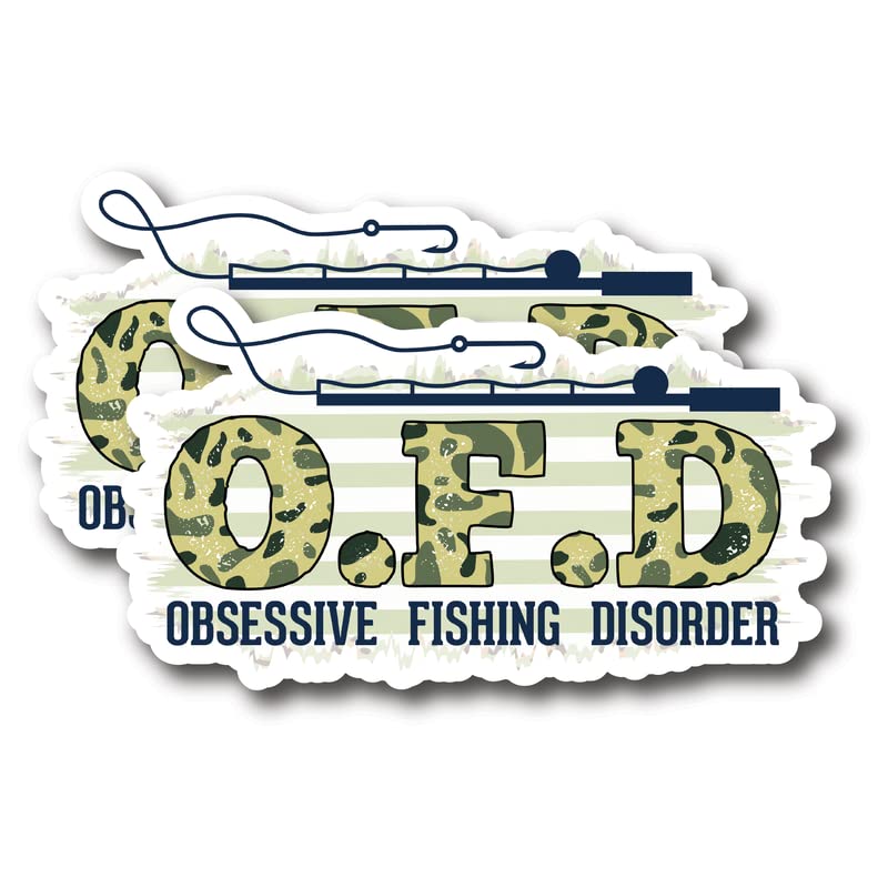 Obsessive Fishing Disorder O.F.D - Love to Fish Fisherman Angler Outdoorsman - Premium Quality Laminated Vinyl Stickers 2-Pack | 5-Inch on Widest Side | Made in USA - FHJ150