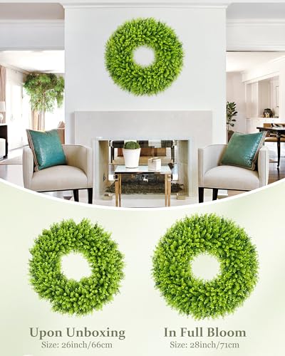 Image of DDHS 28 inch Boxwood Wreath, Artificial Large Spring Wreaths for Front Door with Yellow Sash can DIY Shaped, Summer Wreaths for Hanging in the Shop, Farmhouse, Roof Green Everyday Wreath Home Decor