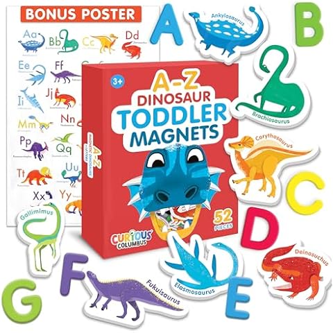 Curious Columbus - Dinosaur Magnets - 52 Fridge Magnets For Toddlers with Foam Magnetic Alphabet Letters For Toddler Learning - Toddler Magnets - ABC Learning For Toddlers Refrigerator Dinosaur Magnet Cover