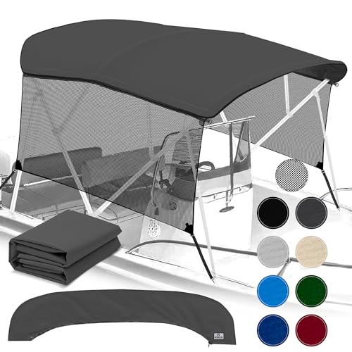 Universal 4 Bow Bimini Top Replacement Canvas & Detachable Sidewalls with Storage Boot 900D Marine Grade Sun Shade Boat Canopy with Mesh Side Blocks No Frame 91-96 W Charcoal Gray