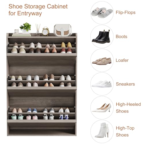 GarveeHome Shoe Cabinet with 3 Flip Drawers, Wooden Shoe Organizer Cabinet with Adjustable Shelf, Shoe Storage for Entryway, Hidden Shoe Cabinet for Hallway, Living Room, Grey