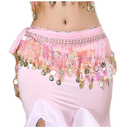 Image of VRITRAZ Women's Chiffon Belly Dance Hip Scarf Waistband Belt Skirt Mixed Colors Beads and Golded Coins 56 Black