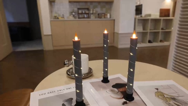 Image of 3 Pack Gray Dripping Wax Flameless Candles, Realistic Dynamic Flame LED Taper Candles with Surrounding Fairy String Lights, Remote Control Battery Operated Candles for Home Wedding Holiday Decor