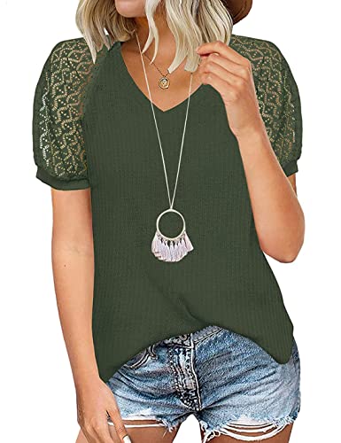 Lentta Women's Lace T Shirts Summer Casual Waffle Knit Short Sleeves V Neck Tee Tops(ArmyGreen-XL)