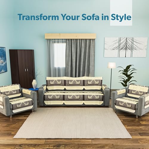 Image of Kuber Industries (Set of 16) Stylish & Durable Cotton Sofa Covers 5 Seater with Arms | Washable Sofa Protector & Slipcover for Living Room & Office | Flower Patti - Cream & Brown