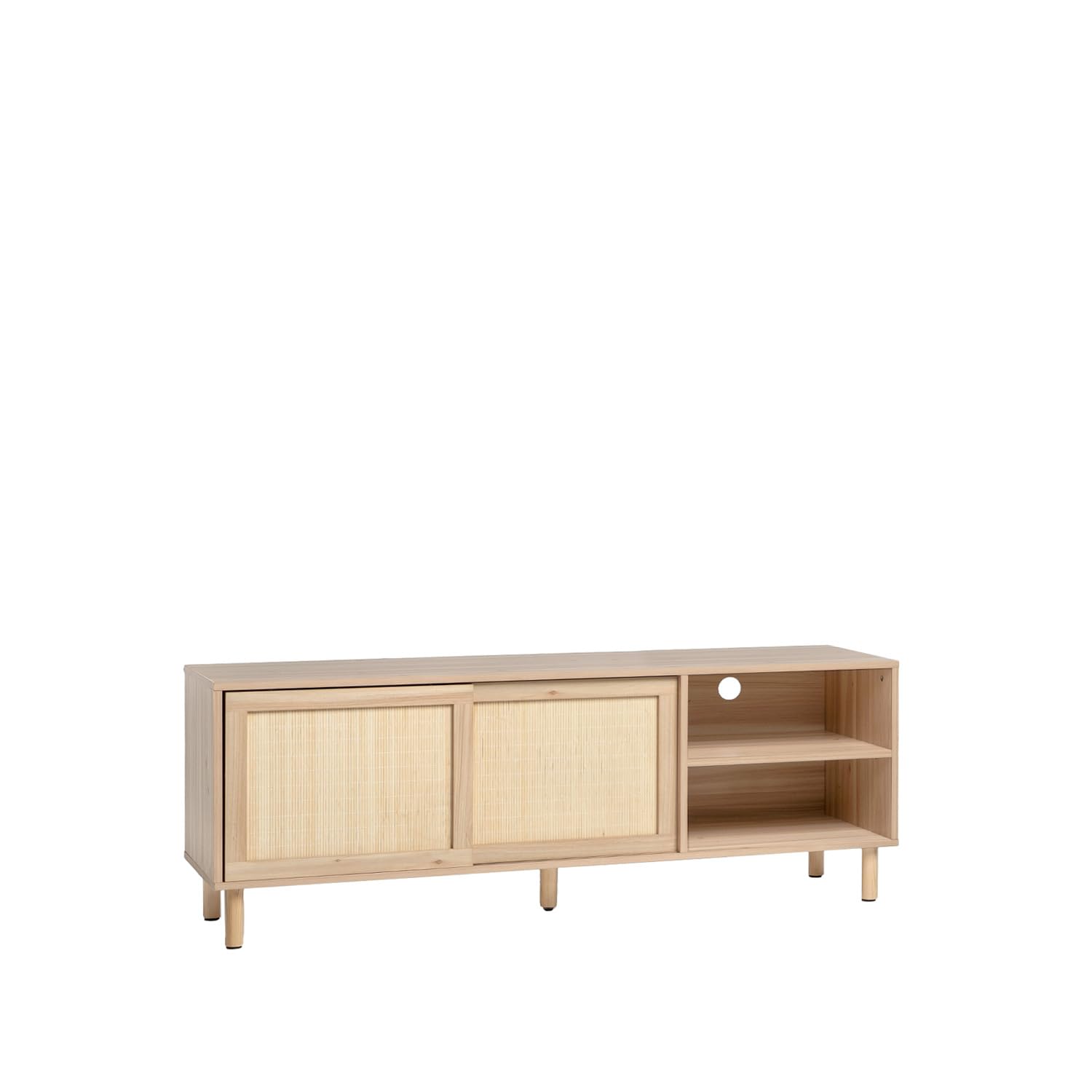 Mueble TV Timor, acabado madera y bambú natural, estilo original y cálido, 2 puertas correderas, 2 estanterías, pasacables, dimensiones 140 x 54 Cm.