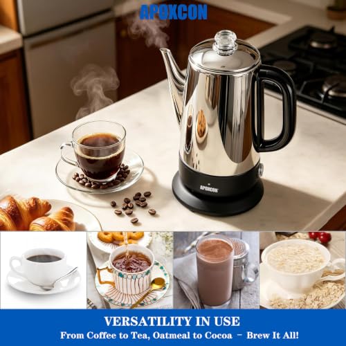 Image of APOXCON Electric Coffee Percolator, Stainless Steel, 1200ml, with Keep-Warm Function, Glass Knob, Cordless Serving - No Aluminum No Plastic Contact with Beverage (8 Cup)