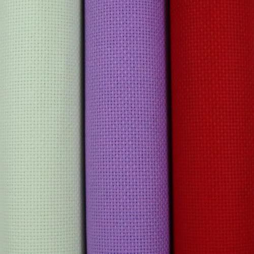 Image of KCS 3 pc of 15 inch x 18 inch(38cmx45cm) 16 Count Cross Stitch Cotton Aida Cloth Needlework Rolled Fabric Box,16CT,Light Green+Lavender+Red
