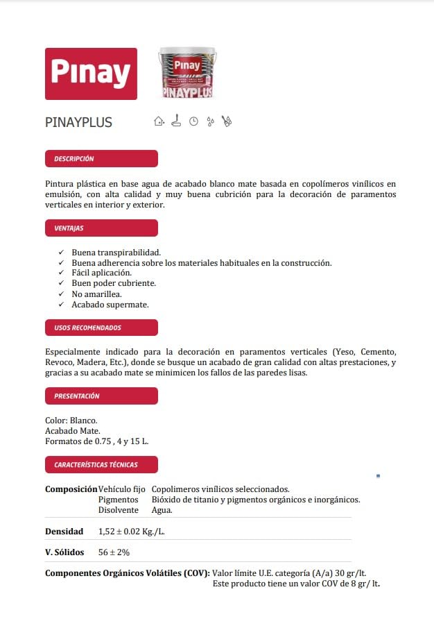 PINAYPLUS - Pintura plástica en base agua de acabado blanco mate basada en copolímeros vinílicos en emulsión (15 L)