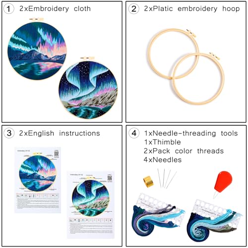 Image of Aurora Borealis Embroidery Starter Kits for Beginners Adults, Stamped Cross Stitch Kit for Adult Beginner, Hand Embroidery Needlepoint Kit, 2 Set Embroidery Supplies, 2 Hoops (Attached Video Tutorial)