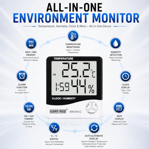 Image of Kusam-Meco Digital Thermo Hygrometer Model KM 918C Humidity Meter With Clock LCD Display