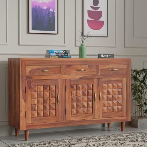 Image of Solid Sheesham Wood Sideboard Cabinet Storage with 3 Door & 3 Drawer Wooden Storage Organizer Cabinet for Home Kitchen Living Room Bedroom Hallway Dinning | Natural Honey Finish | Pre-Assembled