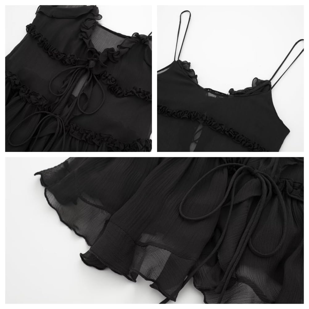 Generisch Top de verano con volantes y malla sin mangas para atar, Y2K camisola sexy de malla transparente con dobladillo con volantes