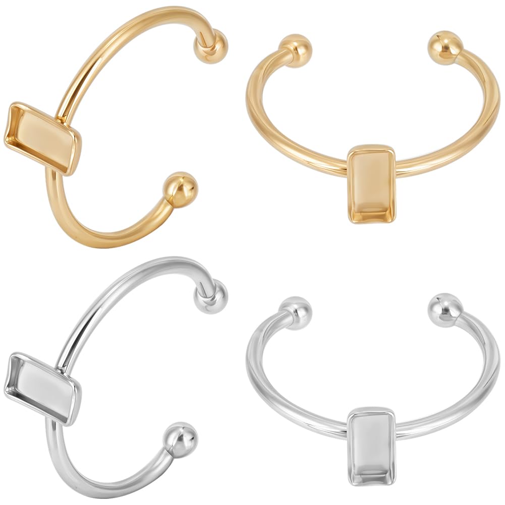 Beebeecraft 1 Box 20Pcs Ring Blank Base 18K Gold Plated 304 Stainless Steel Adjustable Open Cuff Ring Settings Components with 7x3mm Rectangle Tray for Jewelry Making