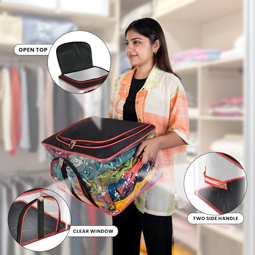 Image of Storite 2 Pack Nylon 33 L PVC Transparent Moisture Proof Storage box for Clothes Closet Wardrobe Organizer for Clothes Saree Bags with Carry Handle (RedBlack, 45 x 30 x 26 cm)