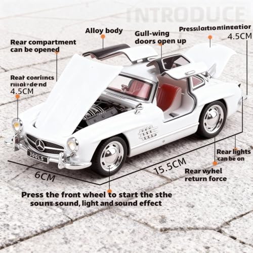 Image of Diecast Mercedes Benz 300 SL Toy Car - 1:32 Scale Alloy Vintage Car with Light & Sound, Pull-Back Toy for Kids & Collectors, Gift for Boys & Enthusiasts- (White)