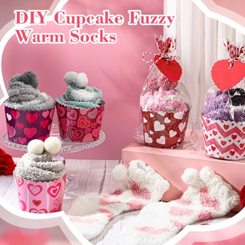 Image of 6 Pairs Valentine's Day Cupcake Socks Fuzzy Sock with Cupcake Card DIY Gift Slipper Stockings for Winter Women Men