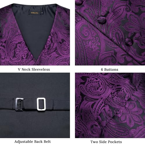 Image of DiBanGu Mens Vest and Tie Set Formal Paisley Waistcoat and Necktie Pocket Square Cufflinks Silk Suit Vest for Tuxedo Wedding