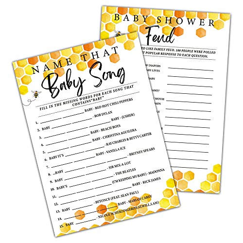 Image of Honey Bee Baby Shower Games, Double-Sided Games Name That Baby Song & Baby Feud Game(30-Pack) With 1 Answer Card, Honeycomb Baby Gender Reveal Party Decoration Supplies(5"x7")-game-I03