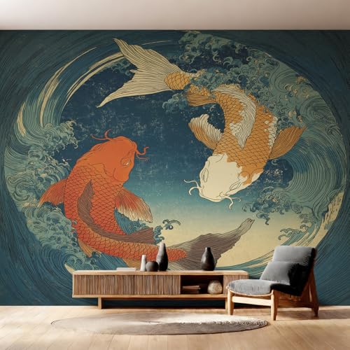 Genérico Papel Pintado Pared Koi Japonés Papel Pintado Pared Dormitorio Carpa Asiática Yin Yang, Salon Tejido No Tejido Decoración del Hogar 150x105 W14