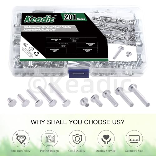 Keadic 201Pcs M5 Aluminium Flachkopf Halbrohr Nieten Sortiment Set, M5 x 6/12/20/25/30mm Silber Ton Metall Bolzen Befestigungen für Leder Haushalt Automobilindustrie