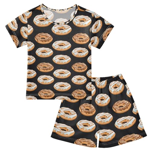 ALAZA Donut Black Pajamas Set Short Sleeve Cotton Sleepwear Summer Pjs 2 Piece 5-14Y