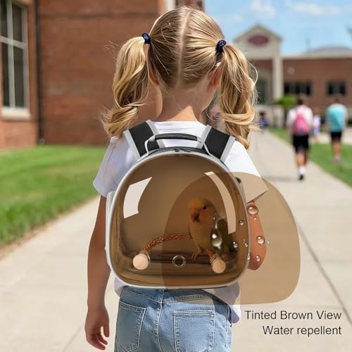 Image of Bird Travel Backpack Carrier with Metal Tray and Standing Perch, Polarized Tint Brown Space Capsule Astronaut Bubble Hard Window