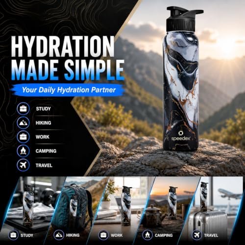Image of Speedex Stainless Steel Printed Water Bottle 1 Ltr 1000 ml, BIS Approved, Leak Proof Sipper Cap Bottle for Office, School, Travel, Daily Use for Men, Women, Kids, Adults, Midnight Marble, Set of 4