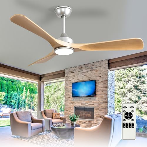Image of Depuley 52-Inch Ceiling Fan with Light: Wood Grain 3 Blade Outdoor Fandelier Ceiling Fans with Lights for Patios - Dimmable Indoor Fan with Remote Control Reversible DC Motor for Porch Living Room