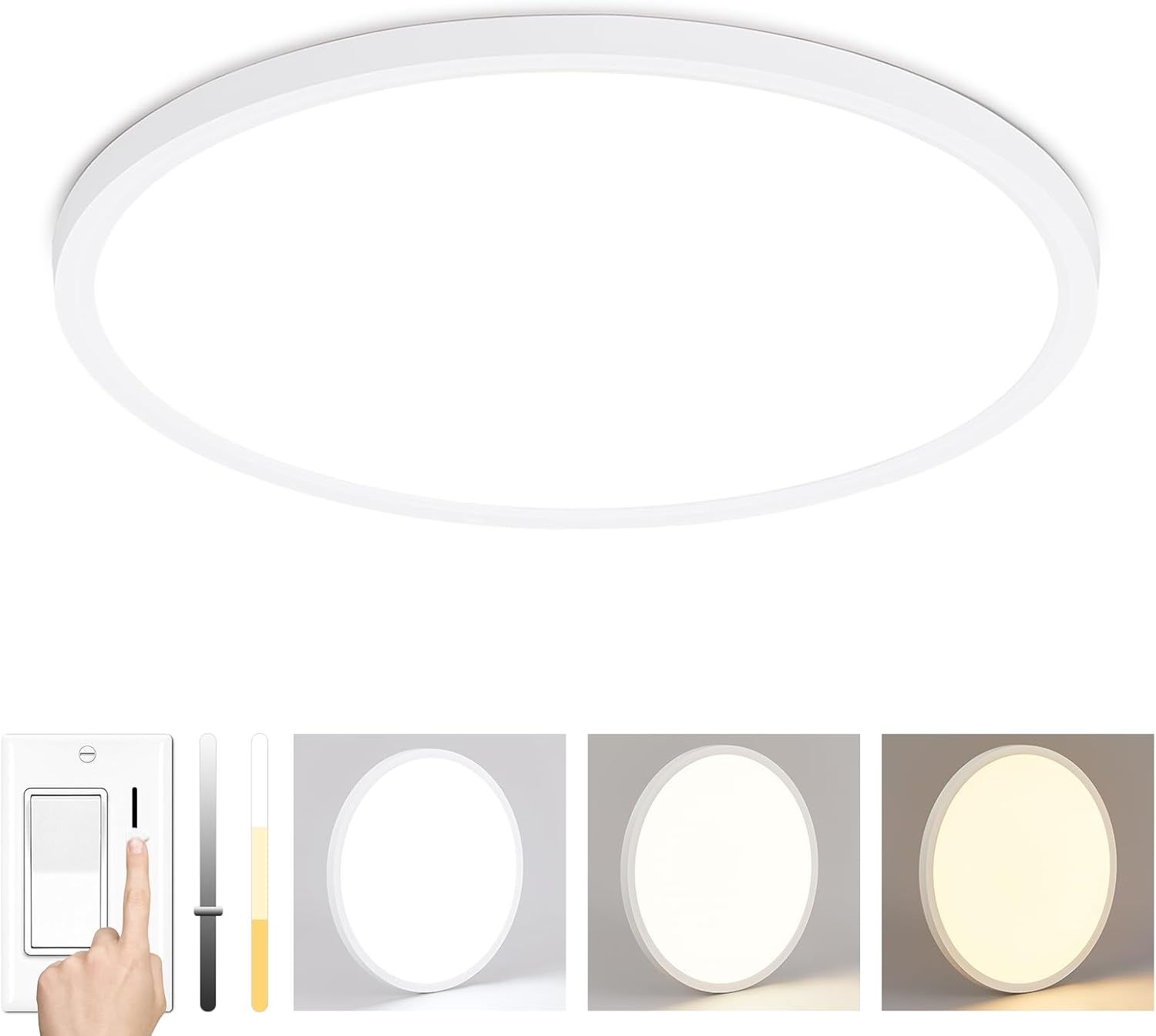 16'' Dimmable LED Ceiling Light Fixture, Ultra Thin Flush Mount, 28W 2800Lumen, 3 Color Changeable, Round, White, for Dining Room, Kitchen, Bedroom, Office, Hotel White 16 inch