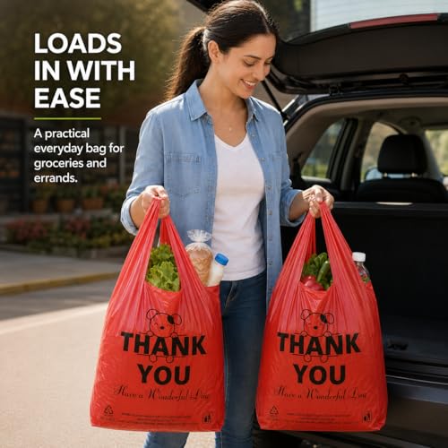 Image of YoYoRain Red Thank you T shirt bag, Grocery shopping bag Reusable and Disposable Supermarket Bag 11''x6''x21'' 100PCS