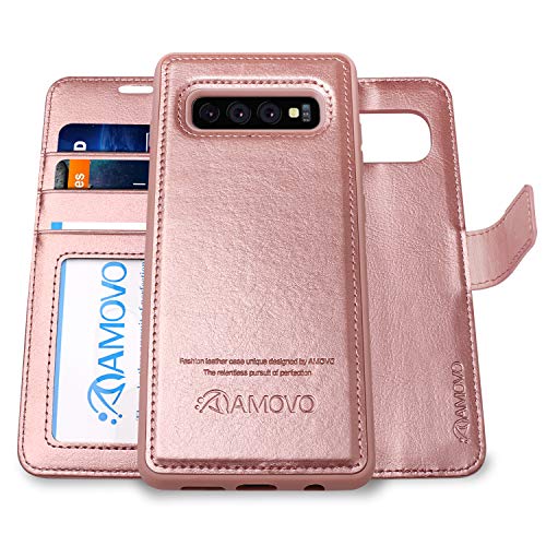 AMOVO Case for Galaxy S10 Plus/S10+ (6.4’’) [2 in 1] Samsung Galaxy S10 Plus Wallet Case Detachable [Vegan Leather] [Wrist Strap] S10+ Flip Case with Box Package (S10Plus (6.4'') Rosegold)
