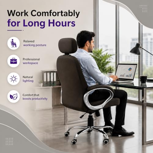 Image of Zen Executive Ergonomic Office Chair for Work from Home | Leatherette Revolving Chair with 360 Swivel, Chrome Base & Cushioned Seat (Brown, High Back)