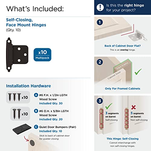 Image of Amerock 5 Pairs Variable Overlay Oil-Rubbed Bronze Face Mount Cabinet Hinge | Steel Face Mount Self-Closing Cabinet Hinges for Face Frame Cabinets; Ideal for Kitchen, Bathroom and Furniture Doors