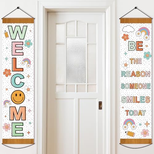 Boho Rainbow Welcome Porch Banner Back to School Hanging Door Ban...