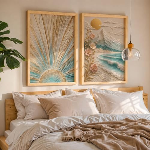Image of NoWorries Coastal Sunrise Wall Painting Set of 2 with Frame | Textured Sunburst & Beach Landscape Artwork, Ocean Mountain Floral Nature Wall Decor for Living Room, Bedroom, Office and Home Decoration (Art-3, 13x19inch)