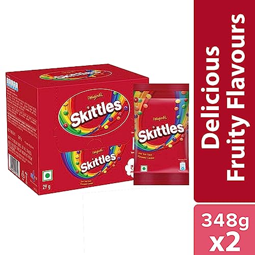 Image of Skittles Original Chewy Fruit Candy | Bite-Size Fruit Candies Pack | Delicious Fruity Flavours (Lemon, Apple, Grape, Strawberry, Orange)| Show Box Pack| 348 Gm | Pack of 2