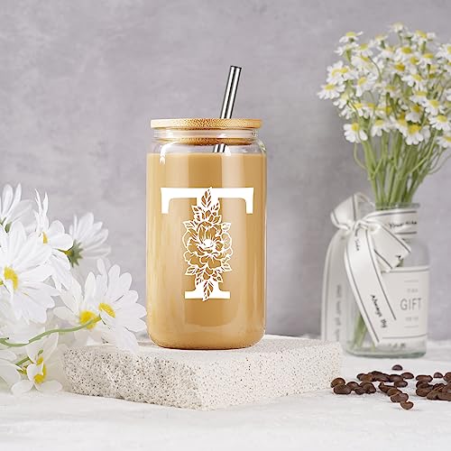 Image of Coolife Initial Glass Cup, Monogrammed Gifts for Women, 16 oz Tumbler w /Lid | Iced Coffee Smoothie Beer Tumbler w /Straw Lid - Personalized Christmas, Birthday Gifts for Woman Her Mom Friend