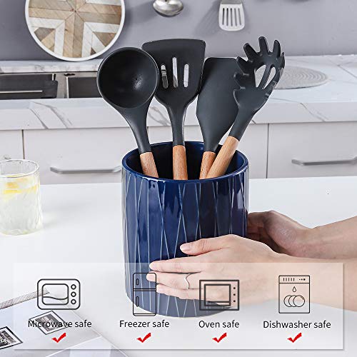 Koov Kitchen Utensil Holder, Large Ceramic Utensil Crock, Deep And Stable, Utensils Caddy Irregular Striped Series (Aegean) #TOP5