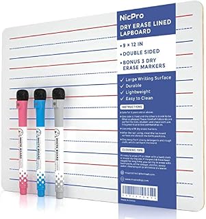 Nicpro Dry Erase Mini Whiteboard A4, 22 x 30 cm Double Sided Blank & Lined Lapboard with 3 Water-Based Pens Learning Small White Board Portable Drawing Writing for Kid Student and Classroom Use