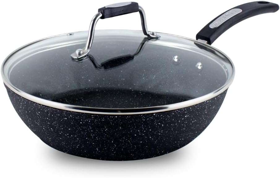 ScovilleNEVERSTICK 26cm Sauté Pan with Lid, Non-Stick Deep Frying Pan, Suitable for All Hobs Including Induction, Rapid Heat Conduction, PFOA Free, Dishwasher Safe, Aluminium, Black